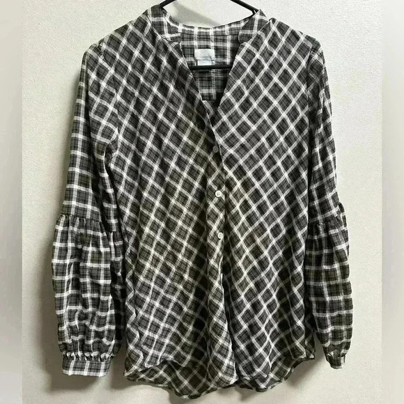 Chico’s Puckered Plaid Satin Blouse with Billow Sleeves Women’s 00 (Fits 0/2) - Picture 1 of 8